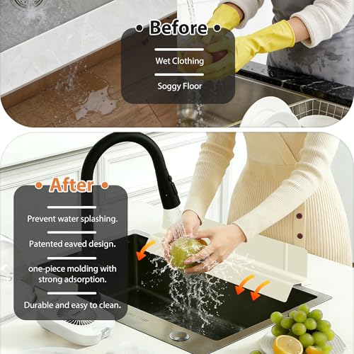 18Inch Sink Splash Guard – Extended Length & Tall Silicone Kitchen Sink Splash Guard with Overhang Drainage Design & Strong Suction Cups for Countertop (White, 18''x3.5'') - color: White, size: 18''x3.5''