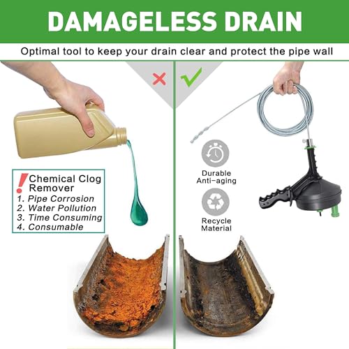 BACOENG 25Ft Drain Auger, Heavy Duty Plumbing Snake with Drill Adapter, Use Manually or Powered for Drain Clog, Shower Sink, Comes with Gloves and Bag (Green) - color: Green-25FT