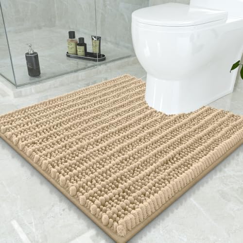 Smiry Bathroom Toilet Rugs U Shaped 24x24, Extra Soft Absorbent Non Slip Rubber Backing Chenille Contour Bath Rugs for Toilet, Machine Washable Contoured Bath Mats, Beige - color: Beige, size: 24'' X 24''