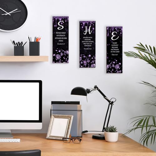 ZONWUTHY 3 Pcs Purple Silver Wall Decor Diamond Bedroom Decor For Women With Religious Black And Purple Bathroom Accessories Office Sign for Home Kitchen Office Wall Decoration 12x4 Inches - color: Purple