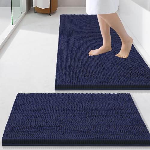 Smiry Bathroom Rugs Sets 2 Piece, Soft Absorbent Chenille Machine Washable Non Slip Shaggy Bath Rug Set for Tub, Shower, and Floor (34x21+24x16, Navy Blue) - color: Navy Blue, size: 34"x21"+24"x16"