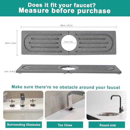 15.7”Drying Stone Faucet Mat for Kitchen Sink-Diatomite Quick Dry Kitchen Sink Splash Guard, Water Absorbent Diatomite Stone Tray,Durable Protector for Bathroom Counter (Grey, 15.7" X 3.9")