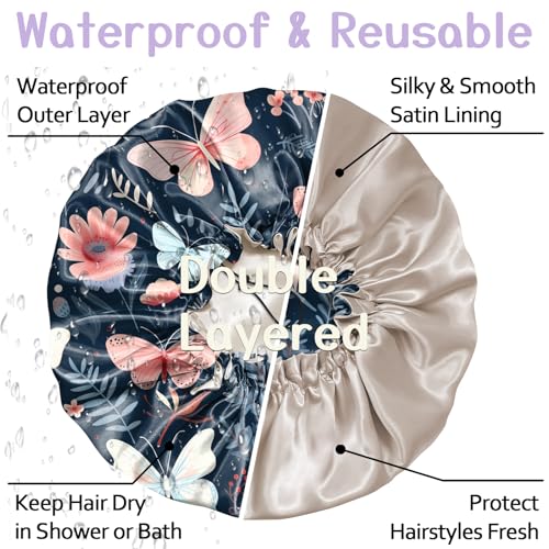 Luxury Shower Cap Silk Satin Lined Waterproof Reusable Adjustable Elastic Dry Hair Bathing Caps Cute for Women Girls-Butterfly Flower - color: C--4-Butterfly Flower