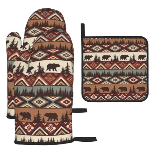 Vintage Rustic Oven Mitts and Pot Holders Sets of 3 Heat Resistant Hot Pads Bear Mountain Oven Gloves for Kitchen Cooking BBQ Baking - color: Vintage Rustic