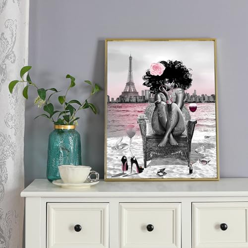 5Pcs Black Girly Bathroom Sets with Rugs and Wall Painting, Pink and Black African American Shower Curtain Set with Rugs, Parisian-Style Modern Wall Decor, Bathroom Shower Curtain and Rug Set - color: 5pcs Pink With Decor Painting