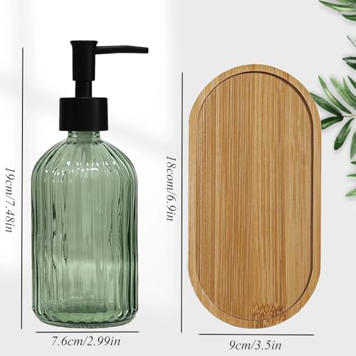Glass Hand and Dish Soap Dispenser Set of 2 with Plastic Pumps, Bamboo Tray, 13.5oz Green Bathroom Soap Dispenser with Vertical Stripe for Hand Wash & Dish Wash, Ideal for Bathroom Kitchen Countertop - color: Green