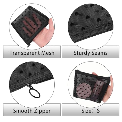 6 Pieces Zipper Mesh Makeup Bags Set, Nylon Cosmetic Bags Portable Clear Toiletry Bas Travel Organizer Bags for Office Travelling Organization (Black Heart Printed, Assorted Size) - color: Black Heart Printed