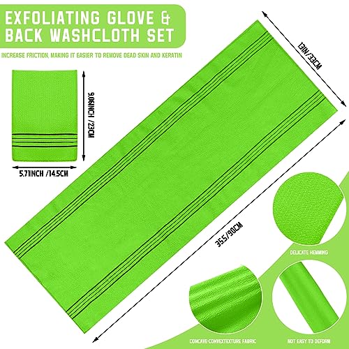 Hosuly 2 Pcs Korean Exfoliating Washcloth and Mitts Set Long Exfoliating Back Italy Towel Scrub Mitt Wash Cloth Scrubber for Women Men Shower Dead Skin Removing Dry Skin (Green) - style: Green