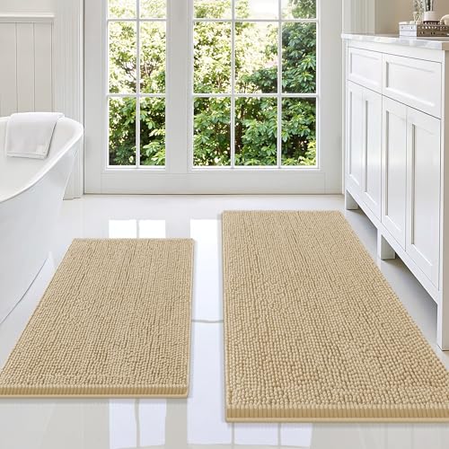 Smiry Bathroom Rugs Sets 2 Piece, Soft Absorbent Chenille Machine Washable Non Slip Shaggy Bath Rug Set for Tub, Shower, and Floor (47x20+30x20, Beige) - color: Beige, size: 47"x20"+30"x20"