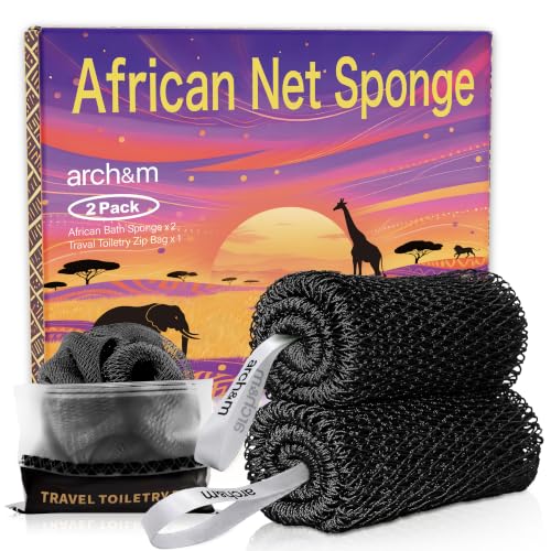 ARCH&M African Net Sponge Authentic, Shower Back Scrubber, Black, 2 Pack | 53" Extra-Long, Quick-Dry, Exfoliating Shower Loofah, Soft Mesh for All Skin Types, For Women and Men - color: Black X 2