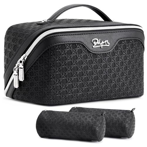 BOYATU Travel Makeup Bag Cosmetic Bags for Women: Large Capacity 3 Pcs Set Make up Bag with Compartments - Waterproof Vegan Leather Toiletry Organizer Bags with Handle (M-71Black) - color: M-71Black
