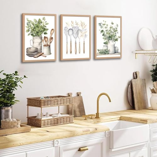 OBXXKZ 3 Pcs Boho Farmhouse Kitchen Wall Art Sage Green Pictures Botanical Paintings Farmhouse Artwork Eucalyptus Nature Art Prints for Dining Room 16"x24" Ready to Hang - color: Kitchen tableware, size: 16x24 inches