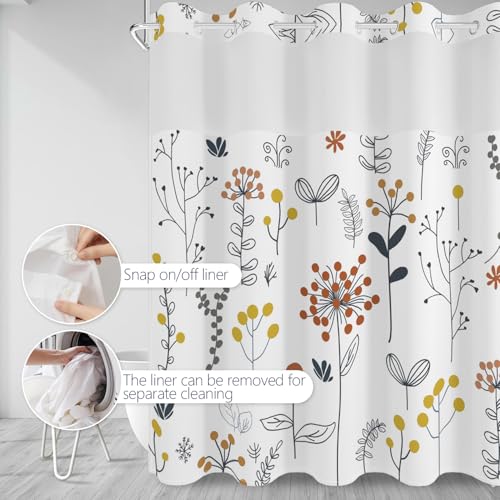 No Hook Shower Curtain with Snap in Fabric Liner Set, Waterproof & Washable, Farmhouse Cute Floral Shower Curtains for Bathroom, Spring Summer Botanical Plants Bathroom Curtain, House Gift, 71x74 inch - color: Hand-drawn Botanical