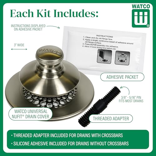 Watco Universal NuFit Push Pull Stopper, Silicone, 3/8 in or 5/16 in Combo Pin, Friction Pin, Grid, Universal Bathtub Drain Stoppers, Easy Install, Hair Catcher, Replacement Tub Drain, Brushed Nickel - color: Brushed Nickel