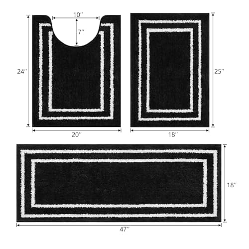 Uphome 3-Piece Black Bathroom Mat Set, Non-Slip, Machine Washable, Soft Shaggy Microfiber Absorbent Bath Mat Set with U Shaped Toilet Mat for Tub, Shower - color: Black, size: 18 x 25 + 18 x 47 + U-Shape 20 x 24 inch