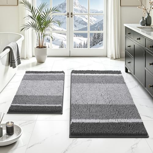 HOMEIDEAS Grey Bathroom Rugs Set of 2, Thick Absorbent Chenille Bath Mats, Non-Slip Soft Shaggy Rugs for Bathroom Floor, 20" x 32" & 17" x 24" - color: Grey
