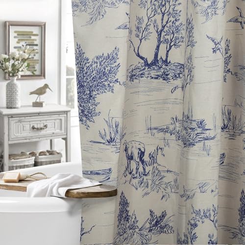MUGINYU French Toile de Jouy Shower Curtain Linen 72x72 - Blue Countryside Landscape with Sheep, Dogs, Trees, Farmhouse Bath Decor - color: Toile De Jouy Dog