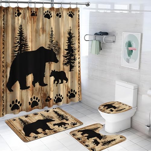4 Pieces Rustic Bear Shower Curtain for Cabin Bathroom Forest Woodland Nursery Bear Shower Curtain Set with Non-Slip Rugs Toilet Lid Cover and Bath Mat Farmhouse Shower Curtains Toilet Home Decoration - color: Rustic Bear
