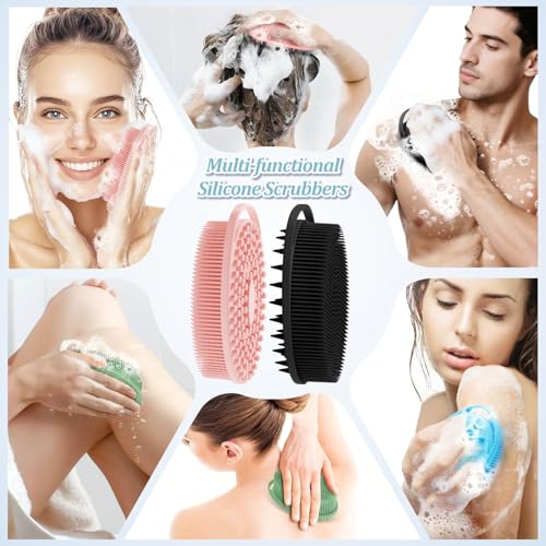 Soft Silicone Body Scrubber 4PCS, 2-in-1 Bath & Shampoo Brush with Dual-Side Usage, Hygienic Silicone Loofah Shower Scrubber for Gentle Exfoliating & Good Lathering(Black/Pink/Blue*2) - color: 4 Color-b