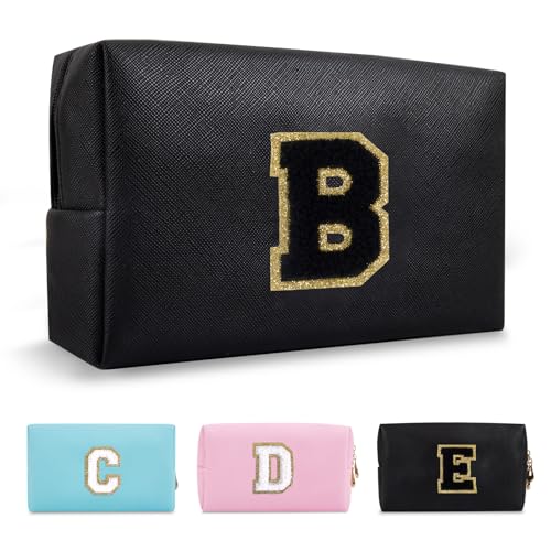 Personalized Initial A-Z Preppy Patch Makeup Bag,Small PU Chenille Letter Cosmetic Bag with Zipper for Teen Girls,Black Cute Toiletry Organizer Bag,Monogram Makeup Case Gift for Women Girls,Letter B - color: Black,Black-Letter, size: B