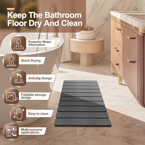 Foldable Stone Bath Mat,Diatomaceous Earth Shower Mat,Non-Slip Quick Dry Bath Mat for Bathroom,Super Absorbent Stone Bathroom Mat,Naturally Easy to Clean,23.4"x 15.4",Gray
