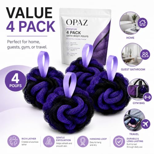 OPAZ Shower Loofah Sponge 4 Pack, Exfoliating Bath Sponges for Women & Men, Soft Body Scrubber Pouf for Rich Lather, Deep Cleansing Shower Puff with Hanging Loop, Purple Loofahs for Body Wash