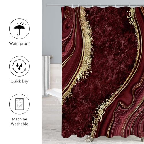 Gibelle 4 Pcs Luxury Marble Shower Curtain Set with Non-Slip Rugs, Toilet Lid Cover and Bath Mat, Gold Foil Red Bathroom Decor Set with Shower Curtain and Rugs and Accessories - color: Red