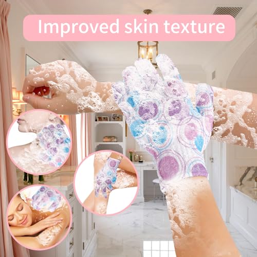 FARMOGA Exfoliating Gloves Shower Loofah Body Scrubber African Exfoliating Net Glove Bathing Accessories Exfoliating Mitt for Women & Men (4Pcs-Bath Gloves-Flower)