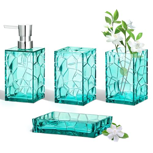 HBlife Bathroom Accessories Set, Teal Blue Acrylic Bathroom Counter Set with Toothbrush Holder, Soap Dispenser, Tumbler, Soap Dish, Turquoise Boho Modern Bathroom Decor, Ideal Gift Choice - style: Teal Blue