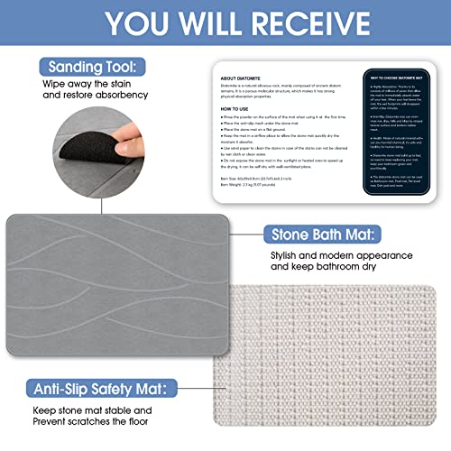 Veeloim Stone Bath Mat Diatomaceous Earth Shower Mat Non-Slip Super Absorbent Diatomite Stone Bath Mats for Bathroom Floor Quick Drying Natural Easy to Clean(23.6''×15.4" Gray) - color: Line1-grey