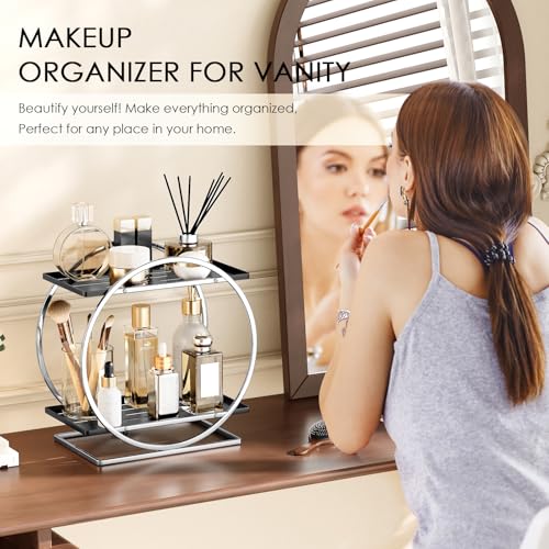 Bathroom Counter Organizer, Silver Black Perfume Organizer for Dresser, 2-Tier Bathroom Organizers and Storage, Exquisite Makeup Organizer Countertop Vanity Tray for Perfume Cosmetic Skincare - color: Silver Black