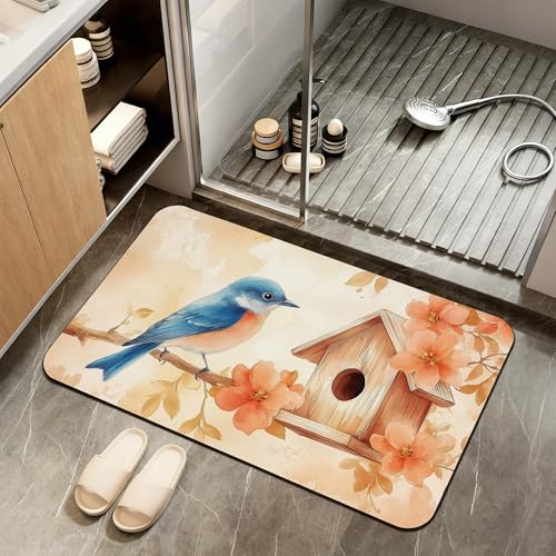 Bath Mat,Blue Bird Bathroom Rugs,Quick-Drying Non-Slip Rubber Bath Mats Fall Leaves Absorbent Diatomaceous Earth Mat for Bathroom Home Decor 17"x29.5" - color: Blue Bird,fall Leaves