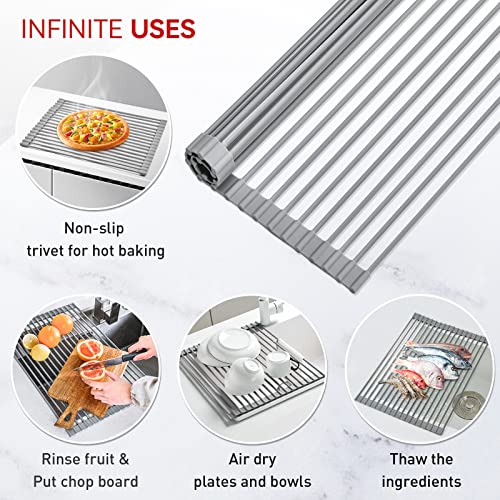 MERRYBOX Roll Up Over The Sink Dish Drying Rack Silicone Wrapped Foldable, Heat-Resistant, Anti-Slip Sink Rack Multipurpose Dish Drainer for Kitchen Sink Counter - Grey, 17.5" x 11" - color: Rectangle-grey, size: Rectangle: 17.5" x 11"