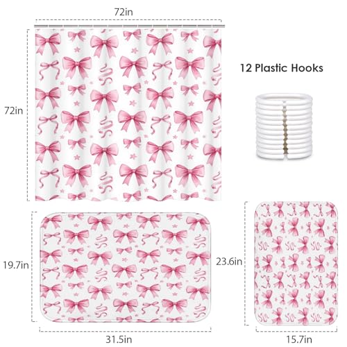 ArtSocket Bow Pink Coquette Bathroom Set with Shower Curtain and Bath Rugs and Accessories, Star Preppy Non-Slip Shower Curtain Set, Bathroom Decor 3 Pcs, 72" L x 72" W - color: Bow Pink Coquette