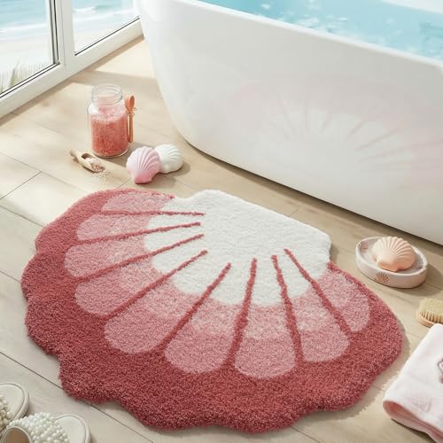 DEXI Seashell Bathroom Rugs Non Slip Washable, 38x30 Ultra Soft Cute Bath Mats for Bathroom Absorbent Quick Dry, Coastal Sea Bathmat for Shower Floor, Tub, Sink, Pink - color: Scallop Pink-large