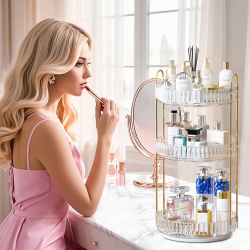 GTI 360°Rotating Makeup Organizer, 3 Tier Large Capacity Perfume Cosmetics Skincare Vanity Organizers,Bathroom Counter Organizer, Dresser Spinning Countertop Organizer and Storage for Women (Clear) - color: Transparent