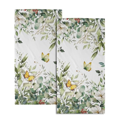 Sage Green Leaves Hand Towels for Bathroom Set of 2 Spring Green Floral Bath Towels 14X28 Inch Spring Kitchen Towels Soft Absorbent Decorative Quick Drying Fingertip Towels for Shower Face Gym Spa - color: Spring Green Floral