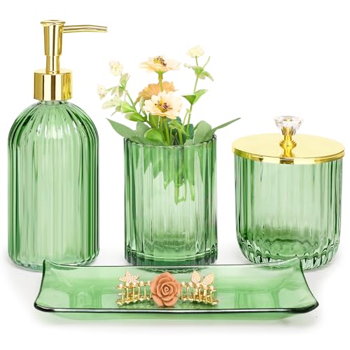 Haturi Bathroom Accessories Set, 4 Pcs Green Glass Bathroom Accessory Set Complete w/Lotion Soap Dispenser, Toothbrush Holder, Qtip Holder, Vanity Tray, Gold Bathroom Decor, Gift for Home Apartment - style: Light Green