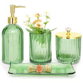 Haturi Bathroom Accessories Set, 4 Pcs Green Glass Bathroom Accessory Set Complete w/Lotion Soap Dispenser, Toothbrush Holder, Qtip Holder, Vanity Tray, Gold Bathroom Decor, Gift for Home Apartment - style: Light Green