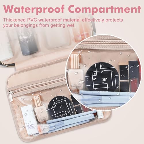 Wedama Toiletry Bag for Women, Large Cosmetic Travel Bag, Hanging Toiletry Bag for Bathroom, PVC Waterproof Makeup Bag, Toiletries Bag for Travel Business Trips and Camping, Black+Pink Floral - color: Black+Pink, size: Large, style: Minimalist