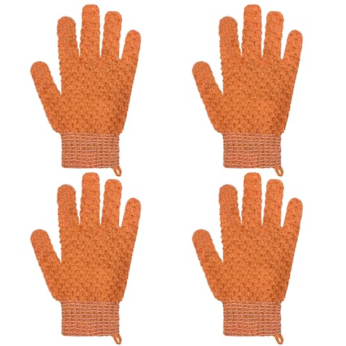 Exfoliating Bath Gloves 2 Pairs - Heavy Texture Body Scrub Gloves for Shower, Spa, Massage and Body Scrubs, Dead Skin Remover, Washing Gloves with Hanging Loop(Orange) - color: Orange