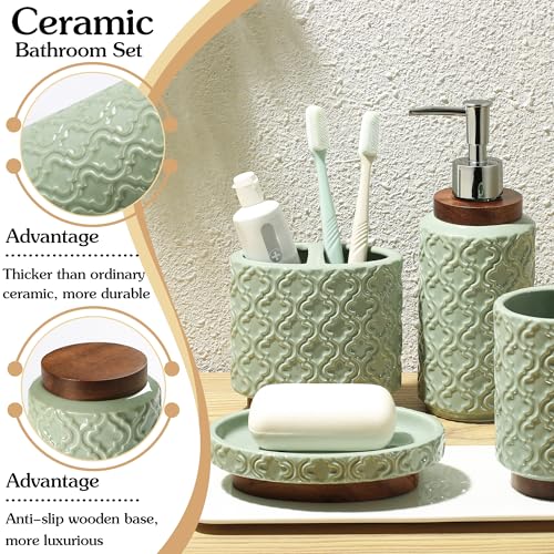 RQYIXI Elegant 6 PCS Ceramic&Wood Bathroom Accessories Set:Soap Dispenser,Toothbrush Holder,Tumbler,Soap Dish,Tray,Trash Can,Easy to Clean,Quatrefoil Pattern,Green-Affordable Home Luxury - color: Green Set-6pcs-new