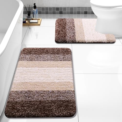 Arotive Bathroom Rugs Sets 2 Piece, Soft Absorbent Microfiber Bath Mats and U-Shaped Contour Toilet Rug, Machine Washable Dry Bath Mats for Bathroom, 24x16 and 24x20, Brown - color: Brown, size: 24" X 16" + U Shape 24" X 20"