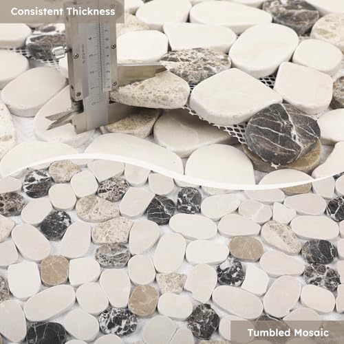 Diflart Natural Pebble Stone Tile for Shower Floor, Brown and Beige Oval, 4 Sheets, Sliced Pebble Mosaic Backsplash for Kitchen Bathroom Floor and Wall Tile - color: Bown and Beige, size: 11.7x11.7 Inch