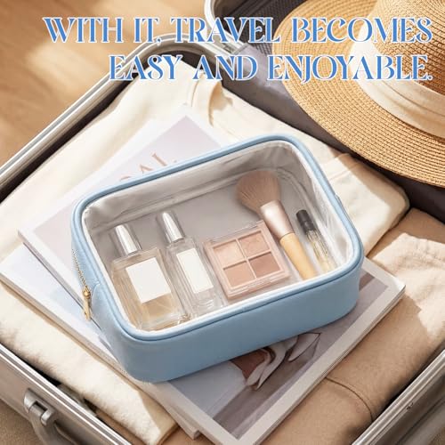 Abbylike 6 Pcs Clear Makeup Bags Bulk PU Leather Cosmetic Pouches Transparent Toiletry Bags with Zipper Waterproof Purse Skincare Car Organizer for Girl Women Travel Gifts(Lake Blue) - color: Lake Blue