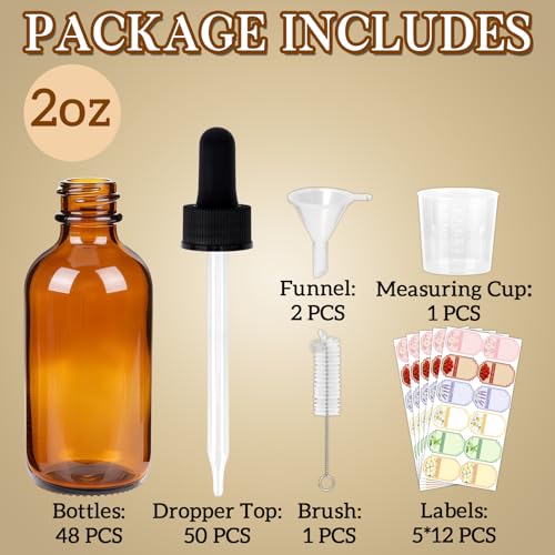 STARSIDE 48-Pack 2oz Leakproof Amber Glass Dropper Bottles | 60ml Empty Tincture Bottles, UV-Blocking Glass for Essential Oils & Crafts; Includes Funnels, Brushes, Labels & Measuring Cup - color: 2oz-Amber-48pcs