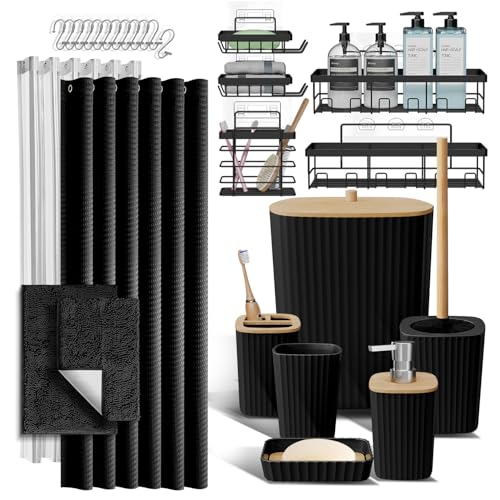 Clara Clark Bathroom Accessories Set - 27PC Bathroom Set with Adhesive Corner Shower Caddy Hanging, Bathroom Sets with Shower Curtain and Rugs, Black Shower Curtain Set with Bathroom Trash Can - color: Black, size: Complete Set + Bath Rug + Shower Caddy