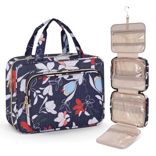 Wedama Toiletry Bag for Women, Large Cosmetic Travel Bag, Hanging Toiletry Bag for Bathroom, PVC Waterproof Makeup Bag, Toiletries Bag for Travel Business Trips and Camping, Blue+White Floral - color: Blue+White, size: Large, style: Minimalist