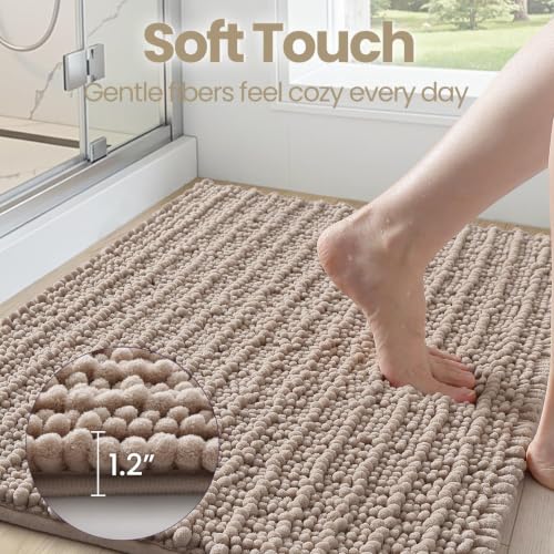 DEXI Bathroom Rugs 32x20, Super Soft Thick Chenille Absorbent Bath Mat, Non Slip Machine Washable Fluffy Shag Bathmat for Tub, Shower Floor, Dark Beige - color: Dark Beige, size: 32" X 20" (Rectangular)