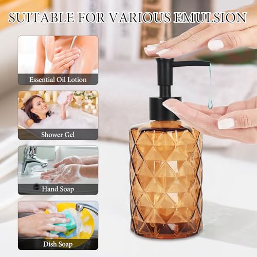 Brown Glass Soap Dispenser, 11 Oz/330ml Liquid Hand Soap Dispenser Set for Kitchen Sink and Bathroom, Dish Lotion Dispenser Set, Diamond Lotion Bottles with Black Pump&Funnel - color: Brown&black
